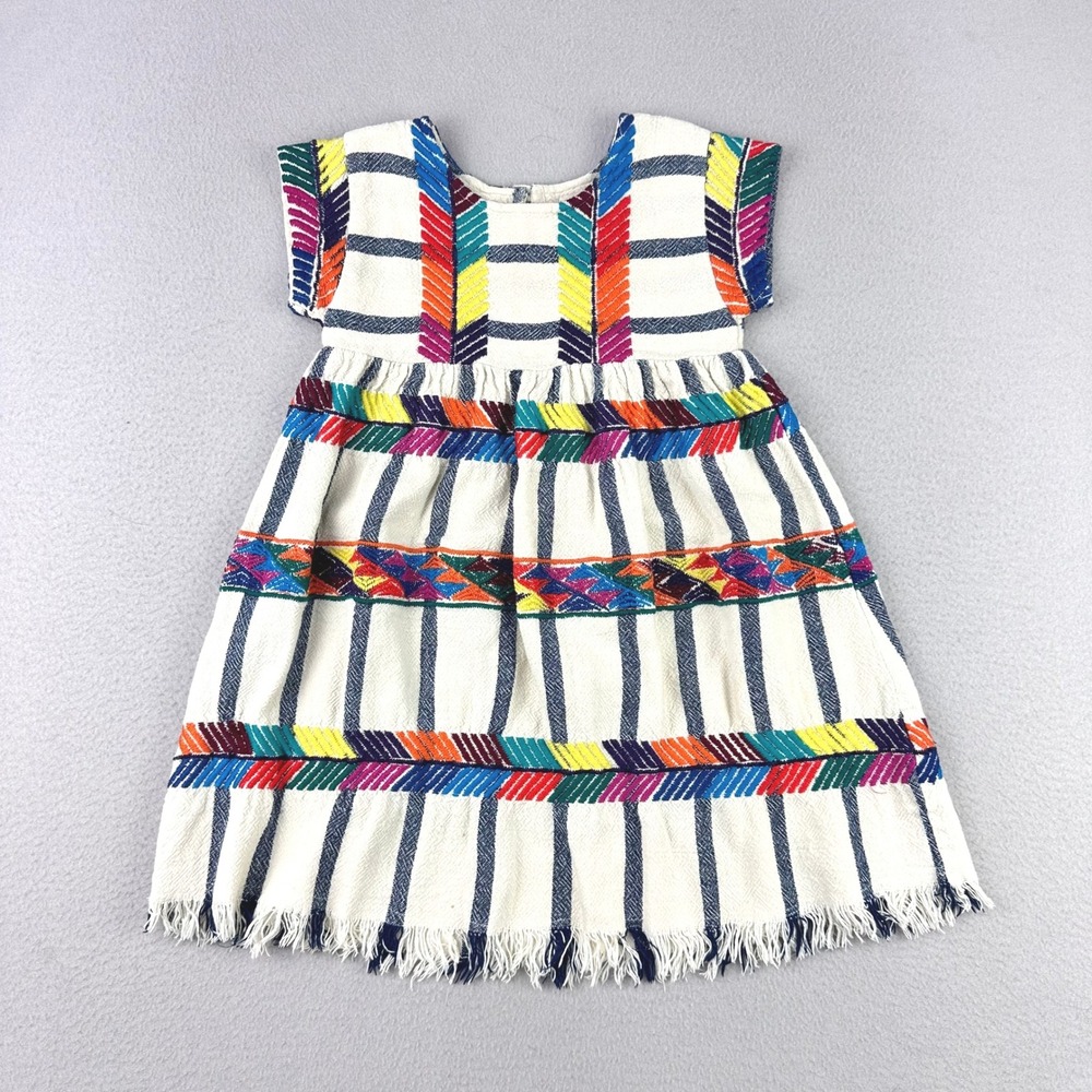 Pink Chicken Embroidered Dress Girls 4Y White Multi Boho Fringe Cotton Colorful